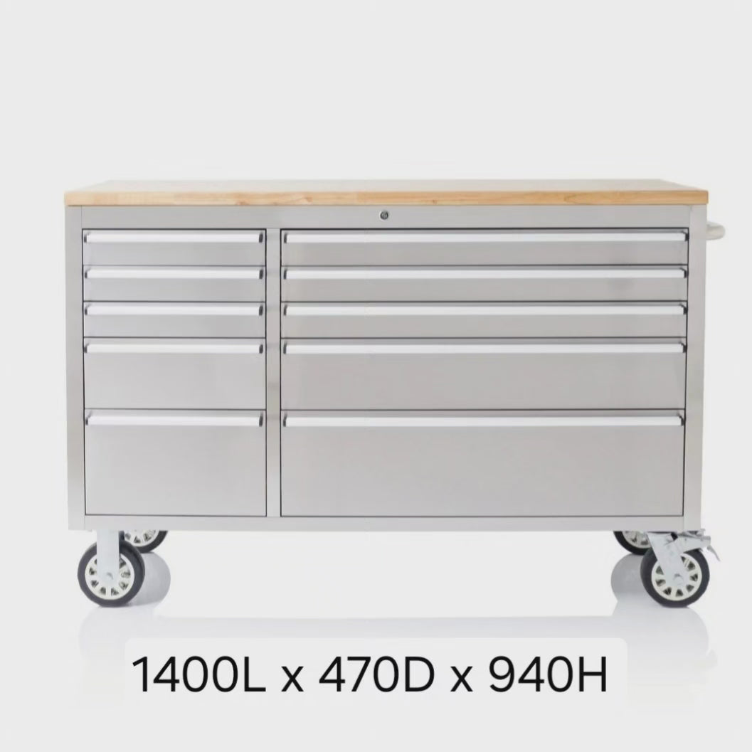 Drawer Mobile Workbench Stainless Steel Toolbox Cabinet with Wood Top (Silver)