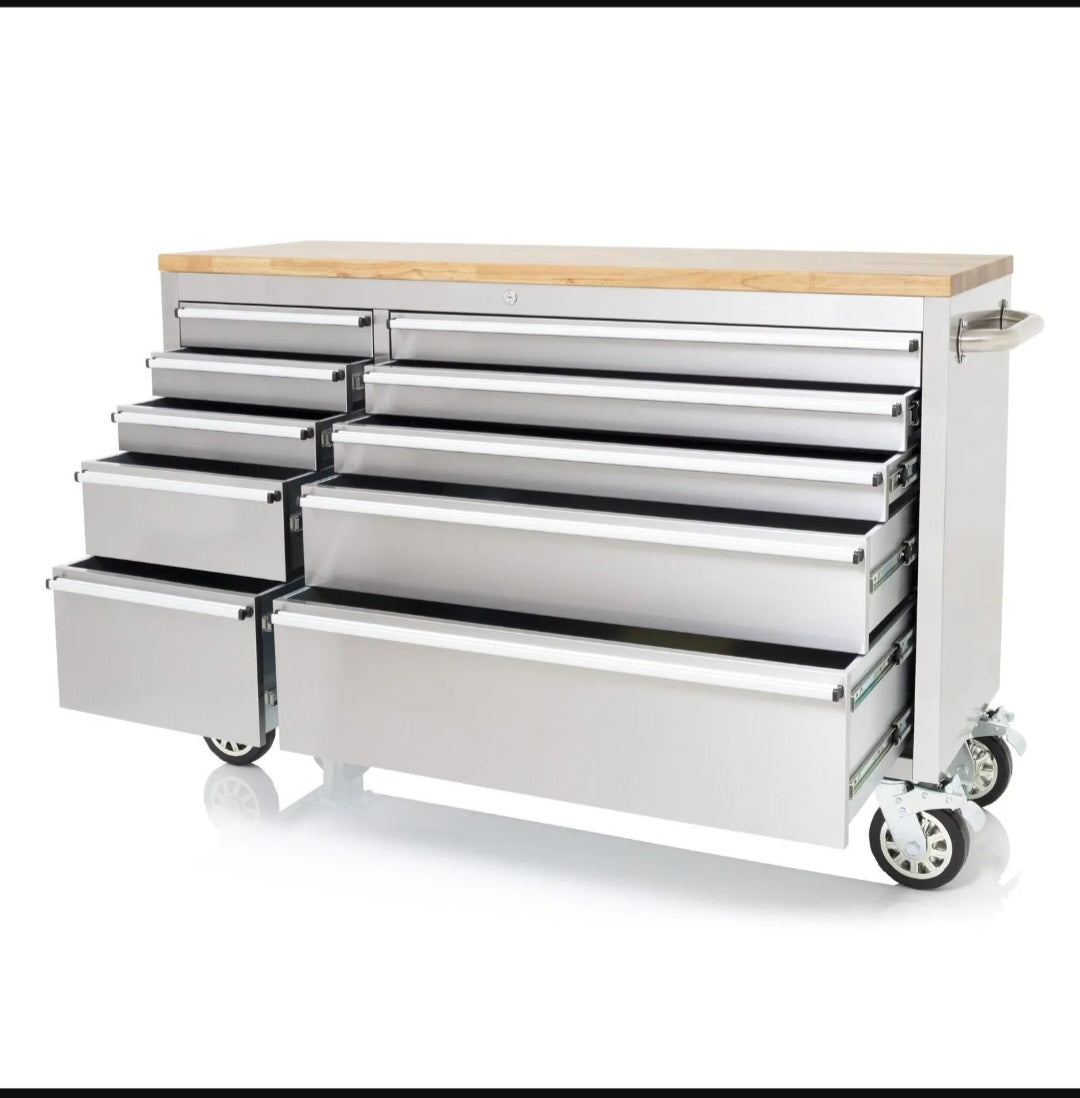 Drawer Mobile Workbench Stainless Steel Toolbox Cabinet with Wood Top (Silver)