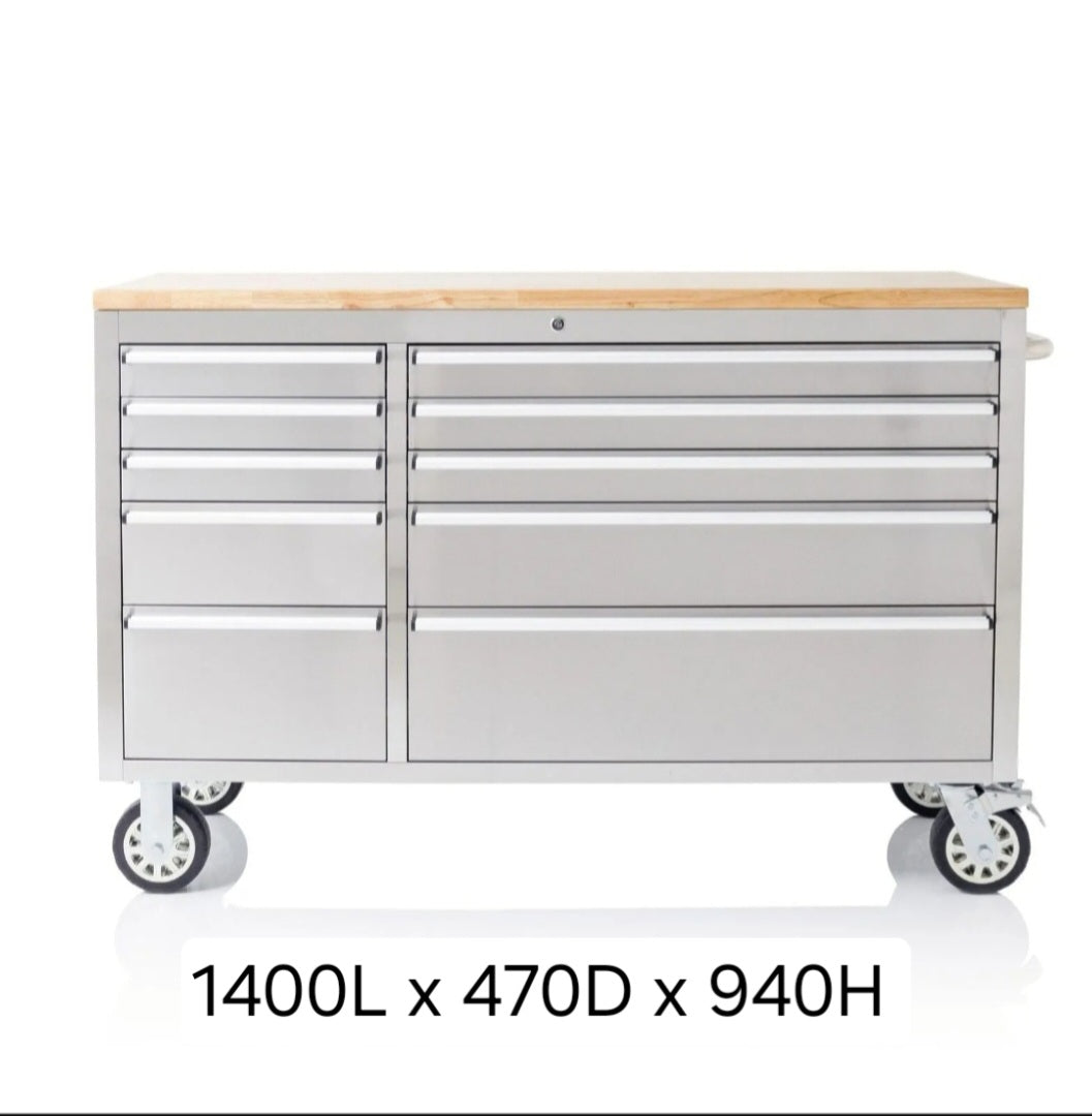 Drawer Mobile Workbench Stainless Steel Toolbox Cabinet with Wood Top (Silver)