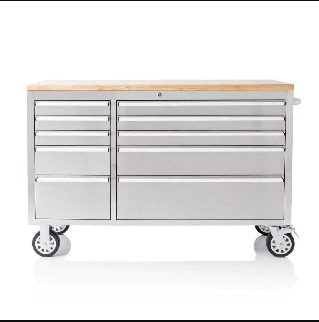 Drawer Mobile Workbench Stainless Steel Toolbox Cabinet with Wood Top (Silver)